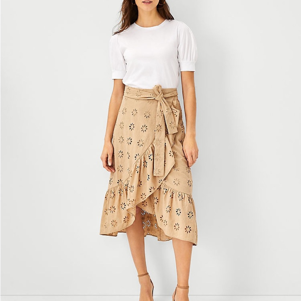 Ann Taylor Tan Eyelet Wrap Skirt